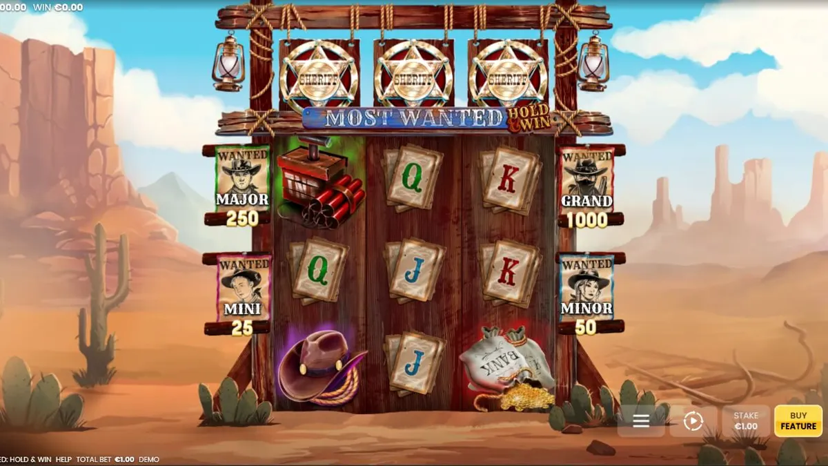 Pemandangan atmosfer Wild West di slot Most Wanted: Hold & Win