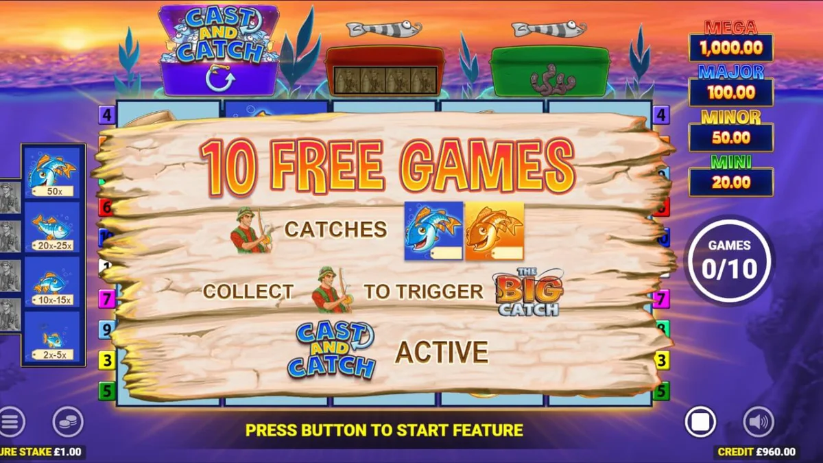 Tampilan visual slot Fishin Frenzy Lure Em In dengan latar danau dan simbol nelayan